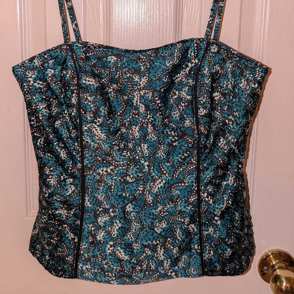 White House Black Market Teal Butterfly Print Corset top